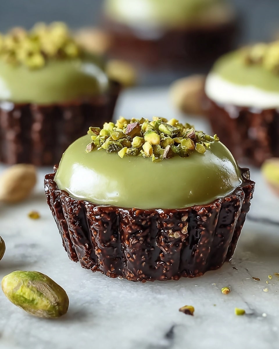 The image shows a small dessert with three visual layers. The bottom layer is a dark brown, textured chocolate cup with ridges on the side, holding the dessert. Above this is a smooth, glossy, light green layer that covers a round cream-like center, which is white with a soft texture. The top is sprinkled with small pieces of green pistachios that add a crunchy feel. The dessert sits on a white marbled surface, and a few whole and broken pistachios are scattered around it. In the background, more similar desserts are slightly out of focus, giving depth to the image. photo taken with an iphone --ar 4:5 --v 7