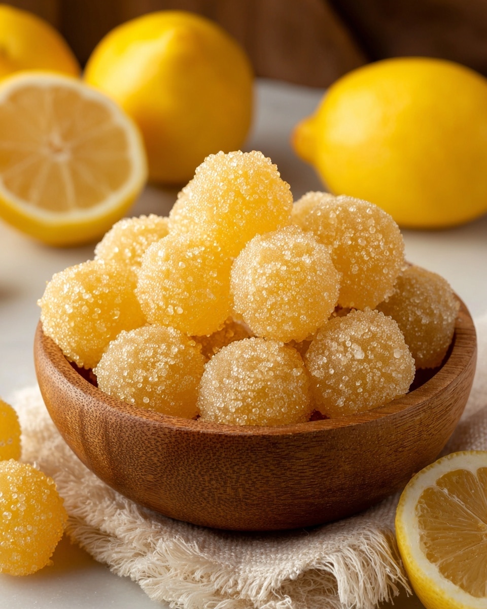A close-up image of a wooden bowl filled with small, round, yellow sugar-coated gumdrops stacked on top of each other, each gumdrop textured with visible sugar crystals giving a sparkly effect. Behind the bowl, there are whole and halved lemons with bright yellow skin and visible juicy segments, all set on a light beige fabric with frayed edges, resting on a white marbled surface. The warm lighting highlights the glossy, granular texture of the gumdrops and the fresh look of the lemons. photo taken with an iphone --ar 4:5 --v 7