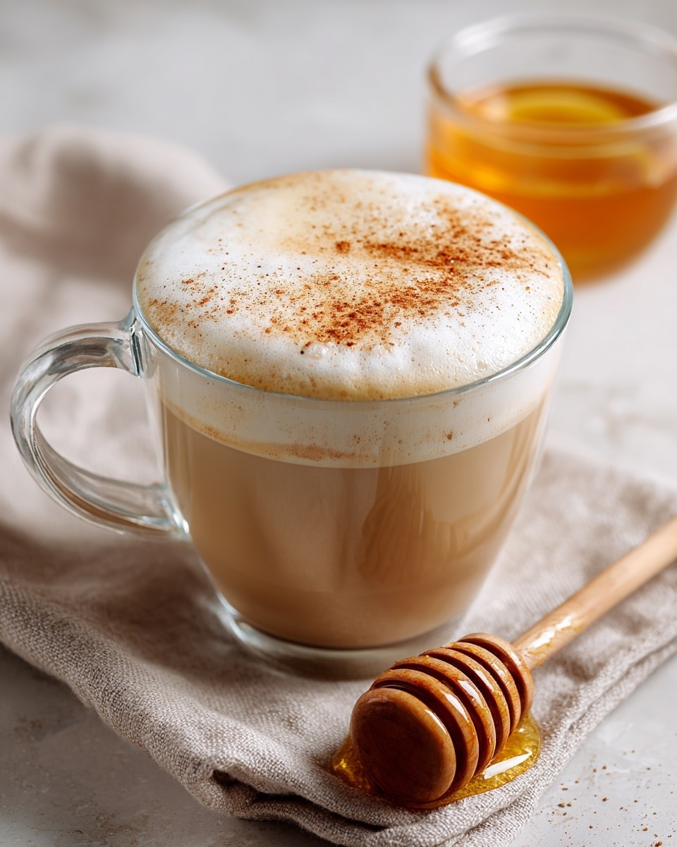 A clear glass cup filled with a light brown creamy latte that has a thick, foamy white layer on top dusted lightly with cinnamon. The cup is placed on a soft beige cloth on a white marbled surface. Next to the cup, there is a wooden honey dipper with glossy honey dripping slightly, and a small clear glass bowl filled with golden honey sits in the background. The scene has a warm, cozy feeling. photo taken with an iphone --ar 4:5 --v 7