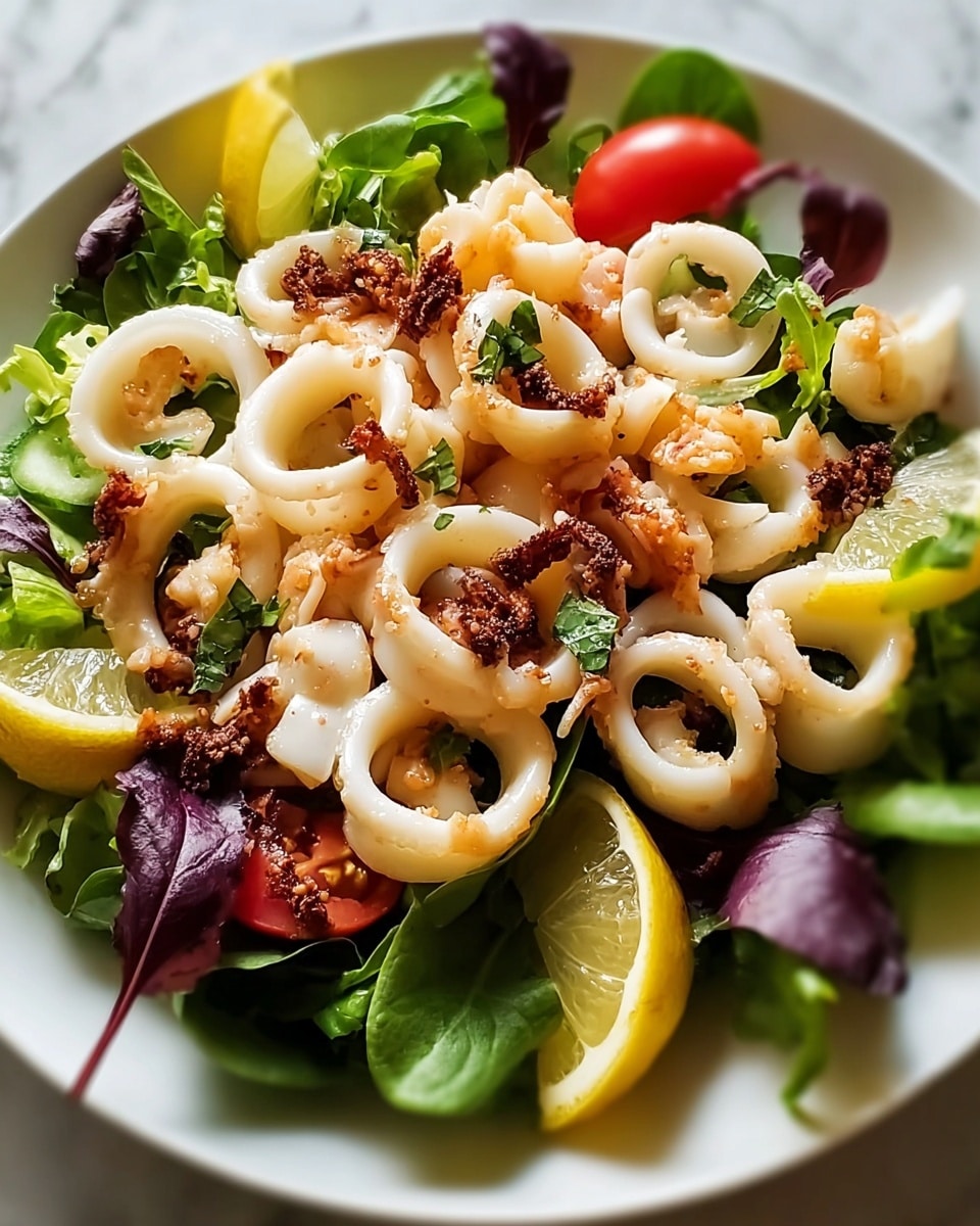 A white plate filled with a fresh salad starting with a base layer of green leafy lettuce. On top, there are many white, thick rings of cooked calamari, scattered evenly. Small grilled or toasted pieces with a dark brown color are sprinkled all over the salad, adding texture. Around the edges, there are bright yellow lemon wedges and a single piece of red tomato. Some purple and green leaves add more color contrast in the salad, making it look fresh and vibrant, all set on a white marbled texture. photo taken with an iphone --ar 4:5 --v 7