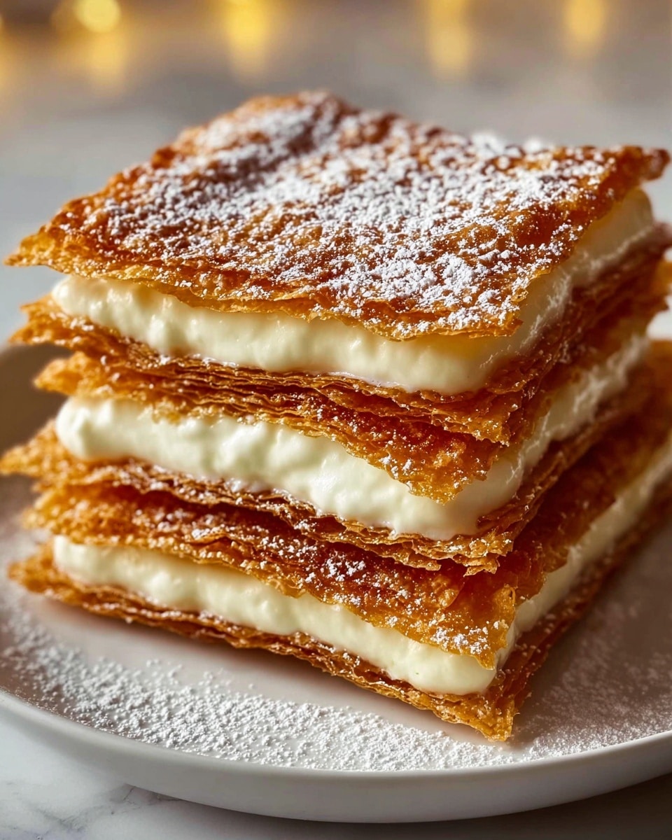 The image shows a stack of three layers of thin, crispy, golden-brown pastry sheets with a rough texture, each sandwiched with a thick layer of smooth, creamy white filling. The top pastry layer is dusted with a light sprinkle of powdered sugar, adding a soft white contrast to the golden surface. The stack sits on a simple white plate, which rests on a white marbled texture. The lighting emphasizes the crisp edges and the creamy texture between the layers, giving the dessert a warm and inviting look. photo taken with an iphone --ar 4:5 --v 7