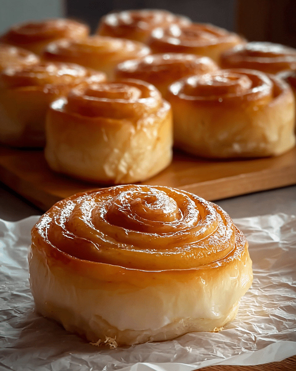 The image shows a close-up of a large cinnamon roll in front, sitting on crumpled white paper. The roll has multiple thick layers that spiral from the center outward, with a glossy, golden brown top layer and soft, light creamy layers underneath. Behind it, there is a wooden board holding eight smaller cinnamon rolls arranged in two rows of four. These smaller rolls also have shiny golden tops and fluffy, pale bottoms. The background is soft and blurred, focusing attention on the warm, freshly baked rolls. photo taken with an iphone --ar 4:5 --v 7