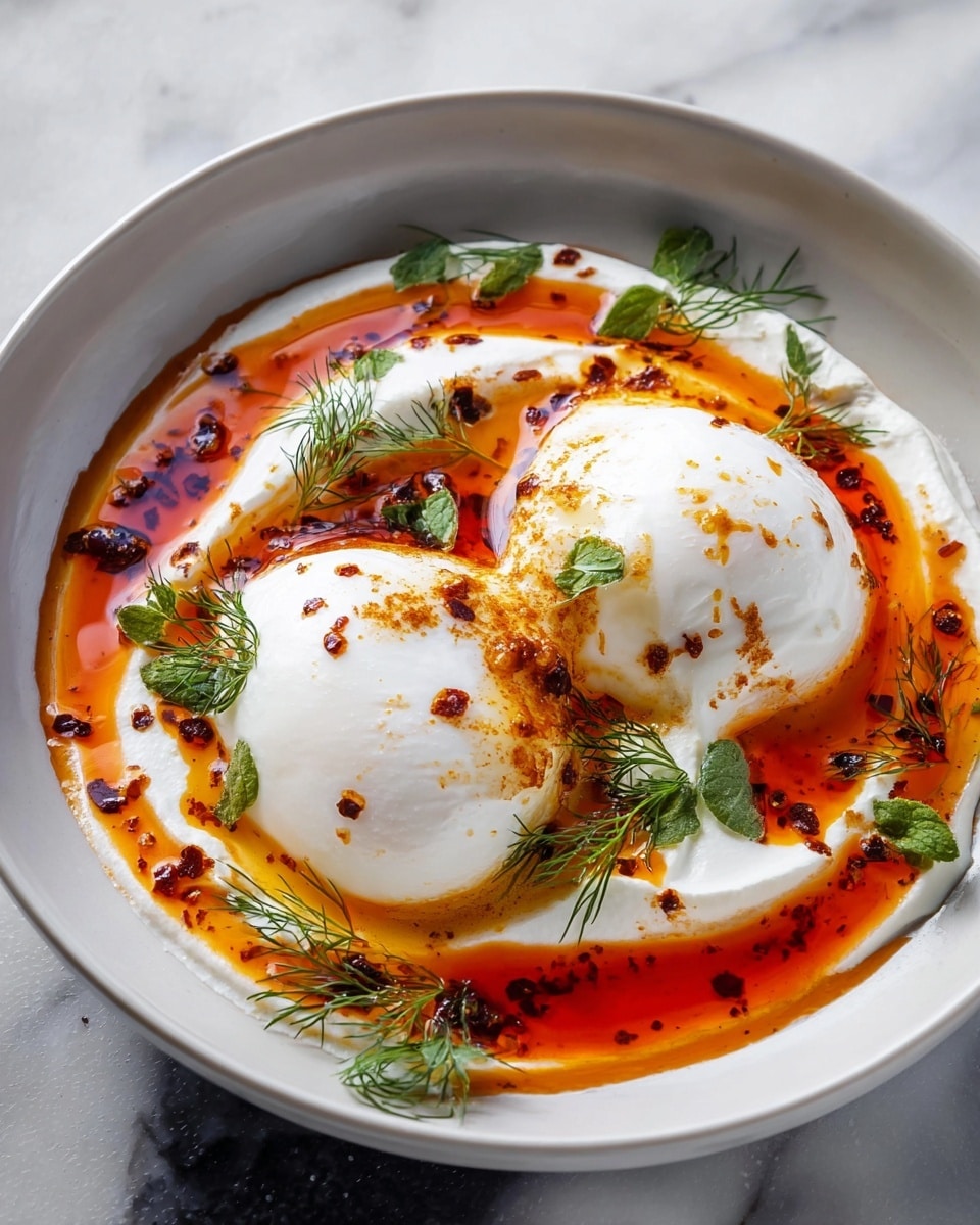 A white bowl holds two smooth, white poached eggs placed side by side near the center. They sit on a bed of creamy, thick white yogurt spread in a circular shape, covering the bottom of the bowl. Bright orange-red chili oil is drizzled over the eggs and yogurt, creating an uneven ring with specks of spices and small bubbles on the surface. Small green herb leaves and sprigs of dill add pops of color, arranged around the eggs and on the chili oil. The bowl is placed on a white marbled texture. photo taken with an iphone --ar 4:5 --v 7