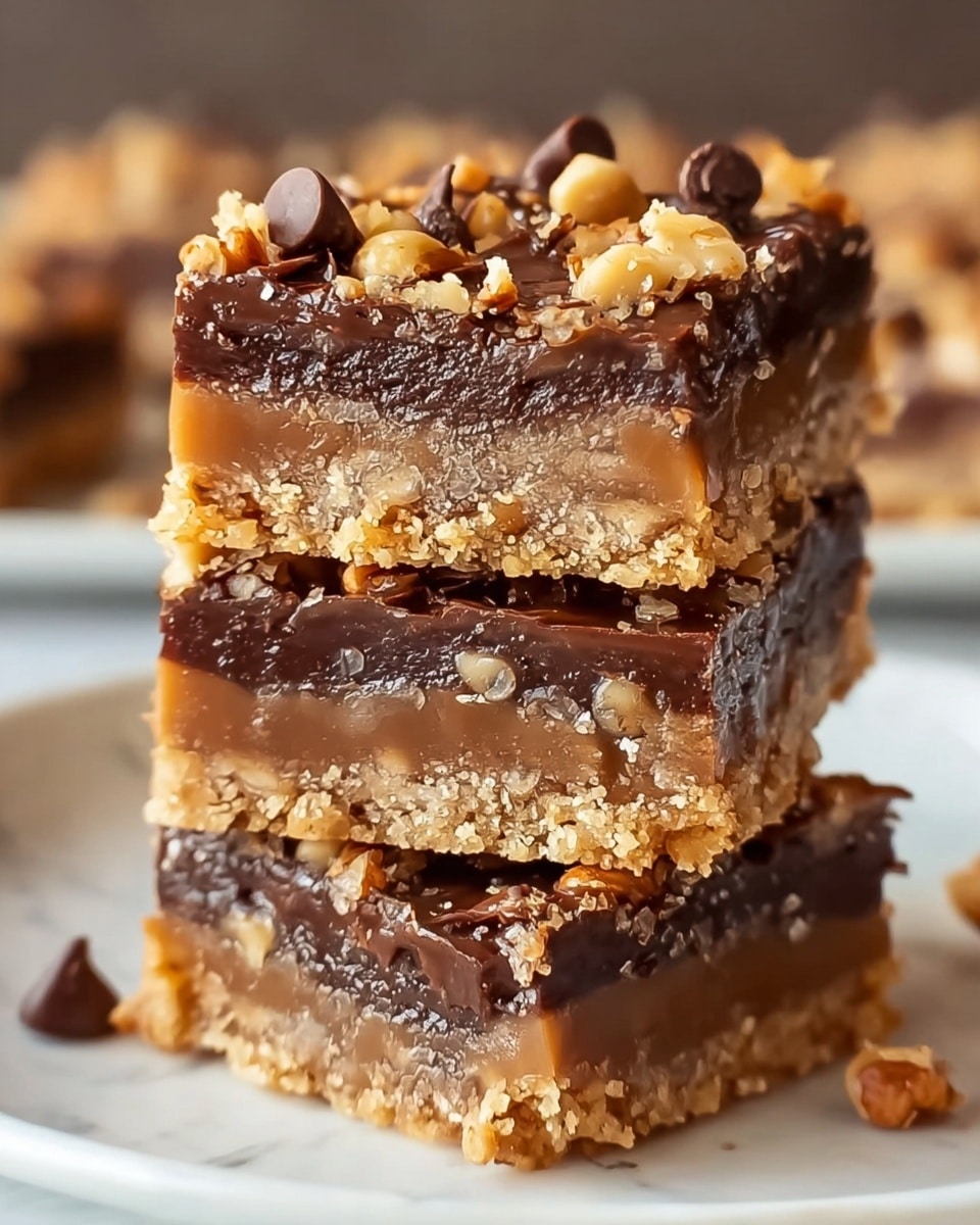 The image shows a stack of three square dessert bars on a white plate, placed on a white marbled surface. Each bar has three visible layers: a crumbly light brown crust at the bottom, a thick, gooey dark chocolate layer with bits of nuts in the middle, and a glossy milk chocolate top sprinkled with chopped nuts and a few chocolate chips. The texture of the middle layer appears sticky and rich, contrasting with the crunchy crust and nutty topping. Photo taken with an iphone --ar 4:5 --v 7