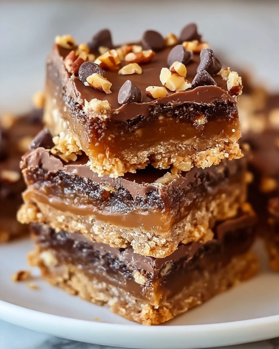 The image shows a stack of three bar-shaped treats on a white plate, placed on a white marbled surface. Each bar has three visible layers: the bottom layer is a light brown crumbly crust, the middle layer is a thick, glossy dark brown filling with bits of nuts scattered throughout, and the top layer is a lighter brown chocolate glaze sprinkled with chopped nuts and a few chocolate chips. The edges of the bars are slightly rough, highlighting the crumbly texture of the crust and the smooth, gooey filling inside. Photo taken with an iphone --ar 4:5 --v 7
