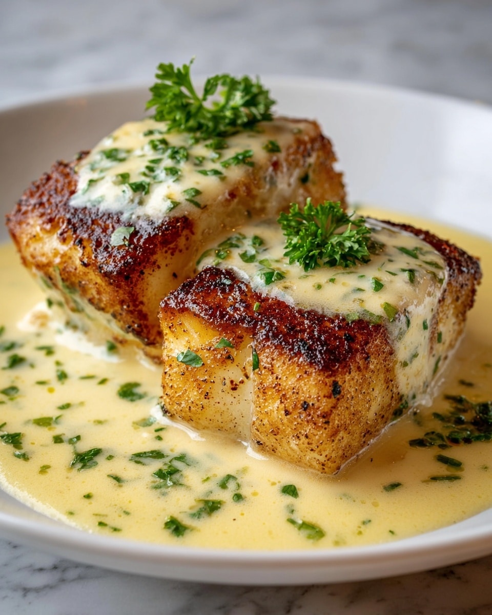 Two thick, golden-brown seared fish fillets sit on a white plate with a pool of creamy light yellow sauce around them. The fish has a crispy, slightly charred crust with visible herbs baked into the sides. A smooth white cream sauce with finely chopped green herbs covers the tops and flows down the sides, garnished with small bright green parsley sprigs on top. The background is a white marbled texture. photo taken with an iphone --ar 4:5 --v 7