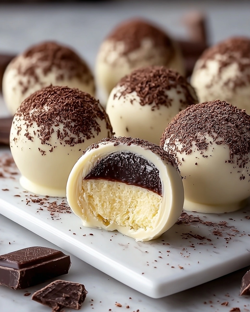 The image shows round truffles arranged on a white rectangular plate with a white marbled texture underneath. Each truffle has a smooth white outer layer. The top half of the truffles is coated with a dark brown dust or grated chocolate, creating a rough texture. One truffle is cut open, showing three layers: a thin, shiny dark chocolate shell just inside the white coating, and a creamy pale yellow center with a slightly grainy texture. Small pieces of chocolate are scattered around the plate, adding to the detail. photo taken with an iphone --ar 4:5 --v 7