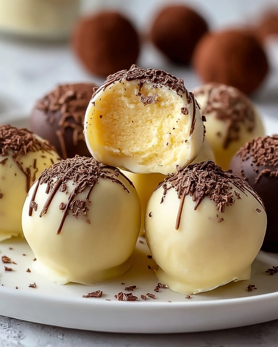 The image shows several round chocolate truffles on a white plate with a white marbled texture background. Each truffle has two visible layers: the inner layer is creamy yellow with a soft texture, while the outer layer is a smooth white chocolate shell. Some truffles are topped with finely grated dark chocolate sprinkled mainly on the top and a bit dripping down the sides. In the background, there are whole dark brown chocolate-coated truffles adding contrast. The truffle cut in half at the front shows the creamy inside clearly and has white chocolate slightly melting at the bottom. photo taken with an iphone --ar 4:5 --v 7