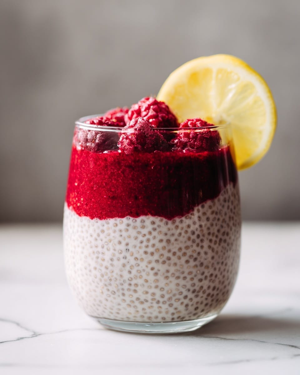 A close-up of a glass filled with three layers: the bottom two-thirds is a light purple chia pudding with visible dark chia seeds, the top third is a light pink creamy layer, topped by a cluster of glossy dark red berries in the center, and finished with a bright yellow lemon wedge resting on the berries at the edge of the glass. The glass sits on a white marbled surface. photo taken with an iphone --ar 4:5 --v 7