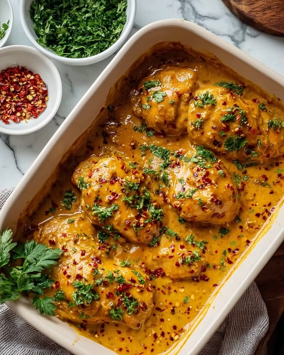 The image shows a white rectangular baking dish filled with four pieces of chicken covered in a rich, creamy, orange-yellow sauce speckled with red chili flakes and small bits of garlic or seasoning. Fresh green parsley leaves are scattered on top of the chicken and sauce, adding a pop of color. To the top left and right edges of the image, there are white bowls with chopped green herbs and red chili flakes, all placed on a white marbled surface. Photo taken with an iphone --ar 4:5 --v 7