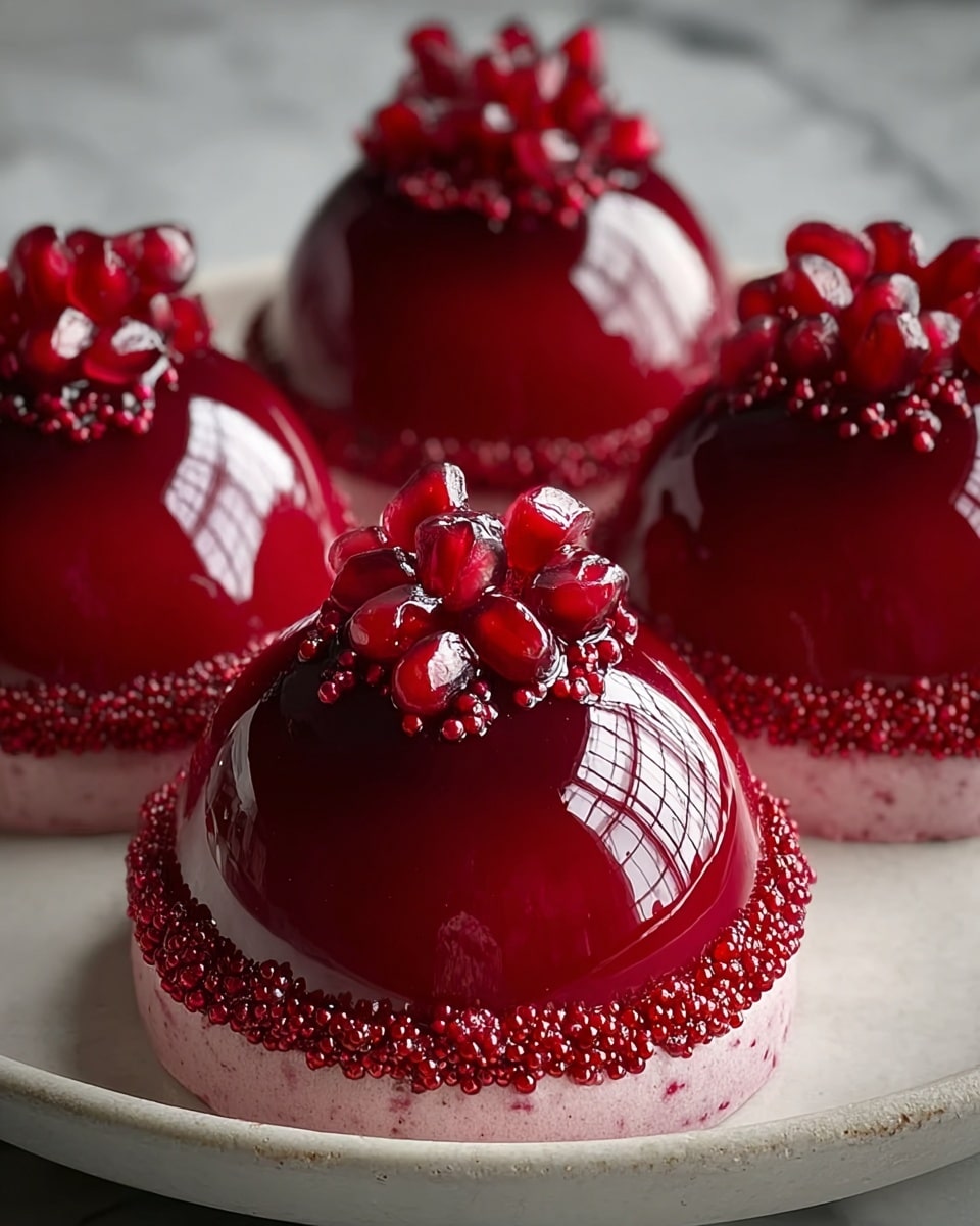The image shows four shiny, dome-shaped desserts with a smooth, deep red glaze on top that looks glossy and reflective. The base layer is light pink with a slightly frosted texture. Around the bottom edge of each dome, there is a ring of small, red, bead-like decorations that sparkle. Each dome is topped with a small cluster of bright, jewel-like pomegranate seeds that add a glossy and fresh contrast. The desserts are arranged on a large white plate with a subtle texture, set on a white marbled surface. photo taken with an iphone --ar 4:5 --v 7