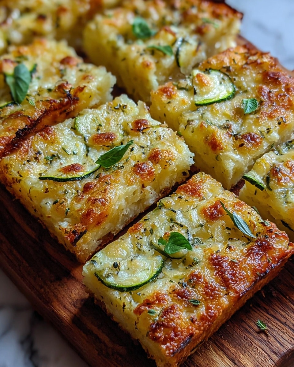 The image shows several rectangular pieces of a golden-brown baked dish arranged closely together on a wooden board. The dish has a crisp, slightly uneven top layer speckled with melted cheese and small green herb leaves scattered over it. Thin slices of green vegetable, possibly zucchini, are visible within each piece, creating subtle horizontal lines inside the soft, textured interior. The edges of the pieces are more browned and crunchy, contrasting with the lighter, softer middle layers. The wood surface beneath adds a warm touch next to the white marbled background. Photo taken with an iphone --ar 4:5 --v 7