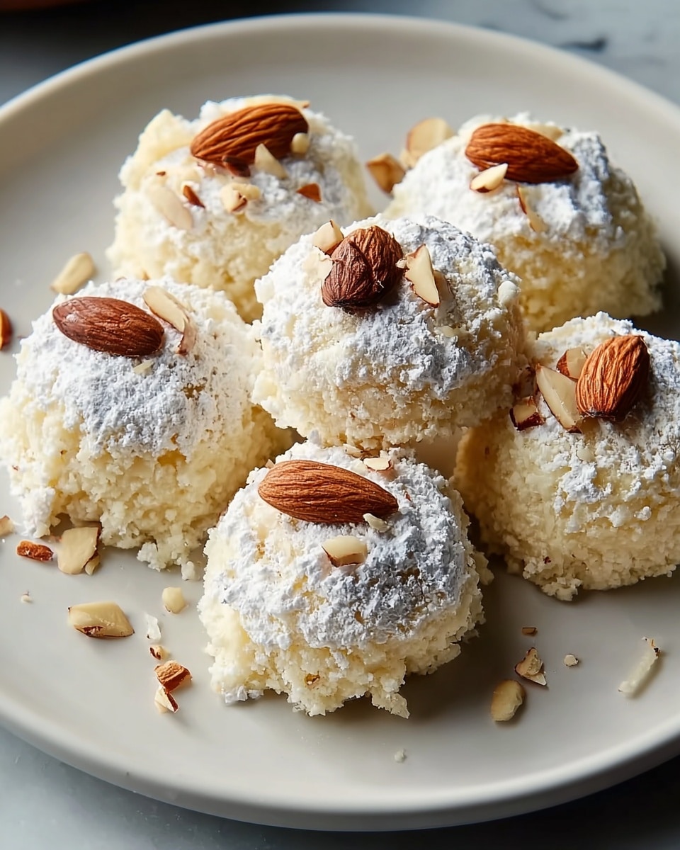 Six round, fluffy white sweets sit on a white plate with a smooth texture. Each sweet is covered with a layer of fine white powdered sugar, giving a soft, snowy look. On top of each sweet, there is a whole brown almond and some small almond flakes scattered around, adding a crunchy contrast. The sweets have a crumbly texture that looks light and airy. The plate rests on a white marbled surface with soft natural light highlighting the details. Photo taken with an iphone --ar 4:5 --v 7