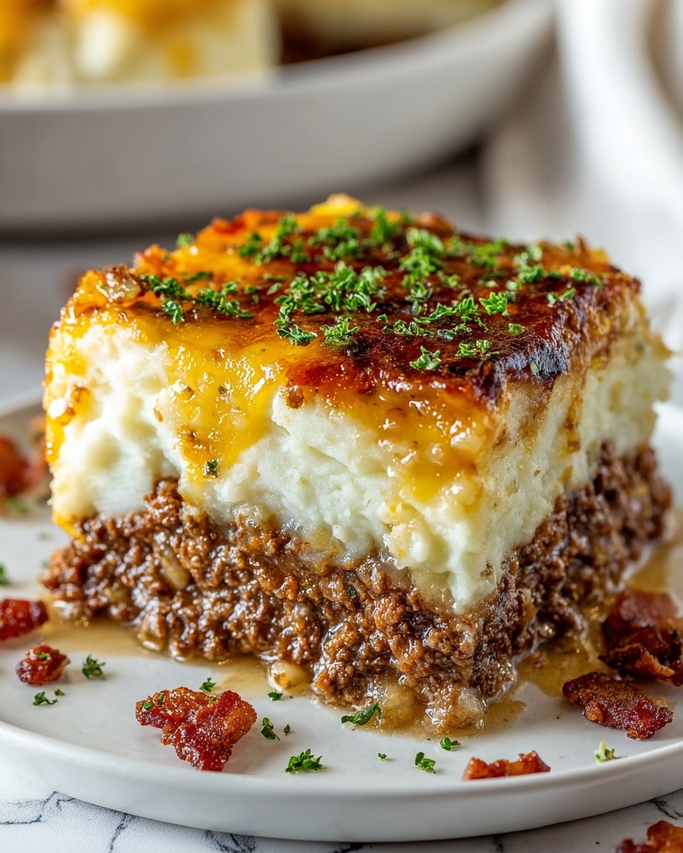A close-up of a layered dish with three main layers: the bottom layer is crumbly brown meat with bits of crispy bacon scattered around, the middle layer is creamy white mashed potatoes, and the top layer is a shiny, golden-brown baked cheese crust sprinkled with finely chopped green herbs. The dish is served on a white plate placed on a white marbled surface, with small pieces of crispy bacon and herbs around the slice. The textures include the smooth mashed potato, the crumbly meat, and the glossy melted cheese on top. photo taken with an iphone --ar 4:5 --v 7