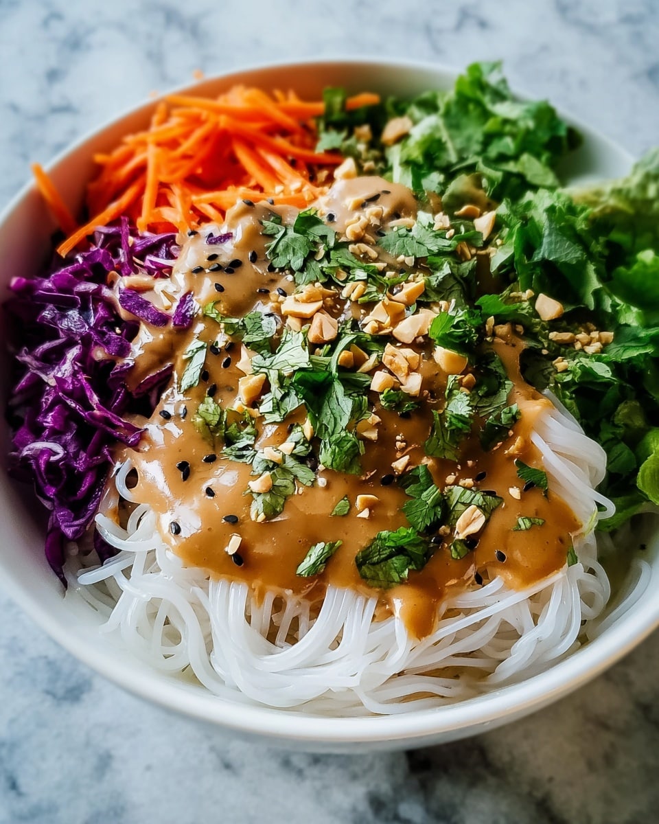 A white bowl holds a layered noodle salad with four main parts. The bottom layer is made of white rice noodles, soft and smooth, filling most of the bowl. On one side, there are bright purple shredded cabbage pieces, and next to them light orange thin carrot strips. On the other side, fresh green leafy vegetables are visible. The top layer is covered with a creamy brown peanut sauce drizzled unevenly over the noodles, sprinkled with small black sesame seeds and roughly chopped peanuts. Fresh green chopped herbs lightly cover the sauce, adding contrast and freshness. The bowl sits on a white marbled surface. Photo taken with an iphone --ar 4:5 --v 7