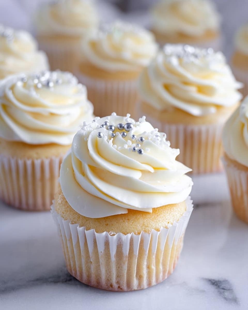The image shows a group of vanilla cupcakes each with one thick base layer of light golden cake lined with white paper wrappers. On top of each cupcake is a large swirl of smooth, creamy white frosting shaped like a flower, decorated with small, shiny silver balls scattered across the frosting. The cupcakes are placed on a white marbled surface, and the background is softly blurred showing more cupcakes. photo taken with an iphone --ar 4:5 --v 7