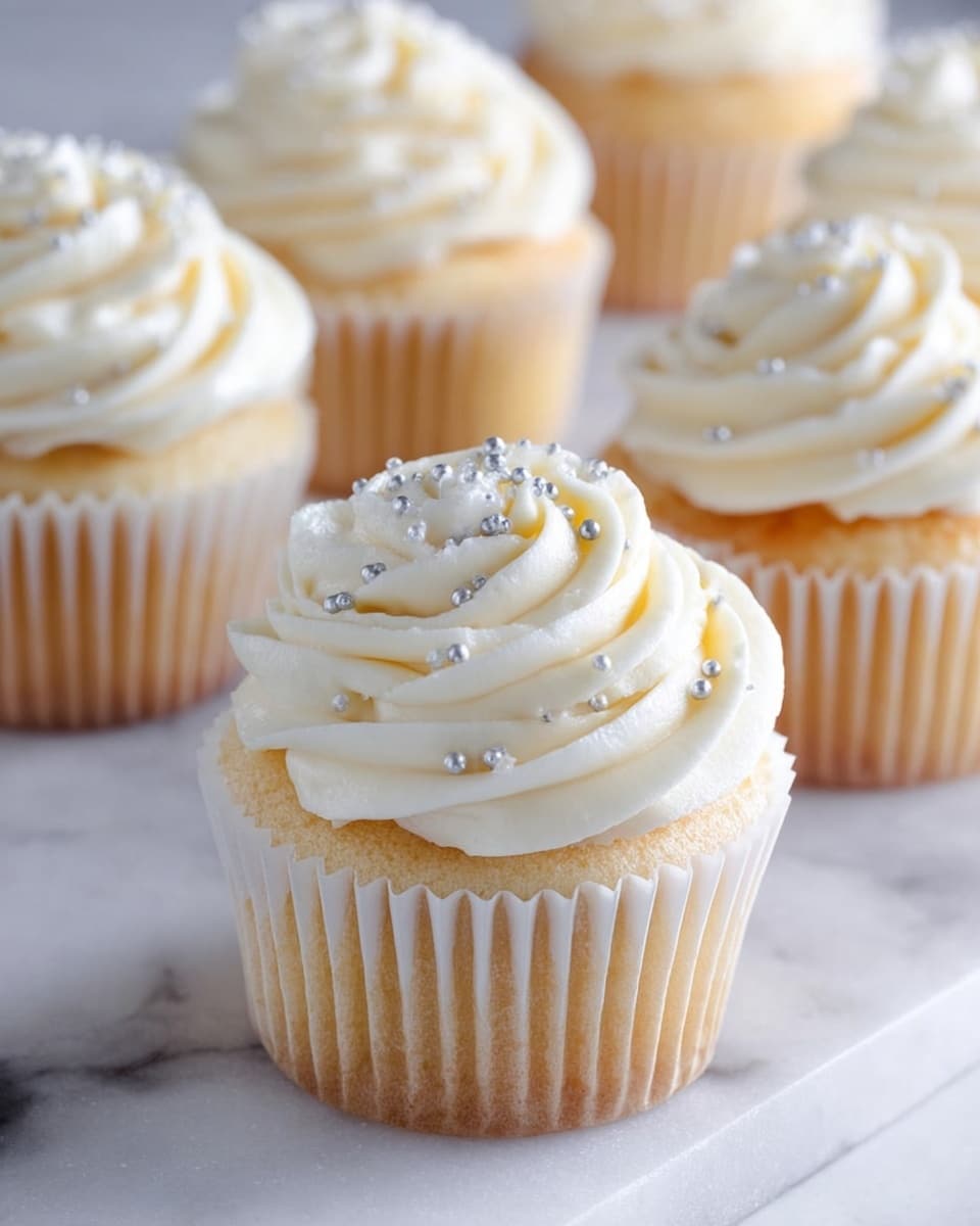 The image shows several vanilla cupcakes arranged on a white marbled surface, each topped with a thick, swirled layer of white buttercream frosting that forms neat, rose-like peaks. The cupcakes have a light golden-brown base wrapped in white paper liners, and the frosting is decorated with small, shiny silver ball sprinkles scattered delicately across the swirls. The focus is on the cupcake in the foreground with others softly blurred in the background, creating a clean and elegant look. photo taken with an iphone --ar 4:5 --v 7