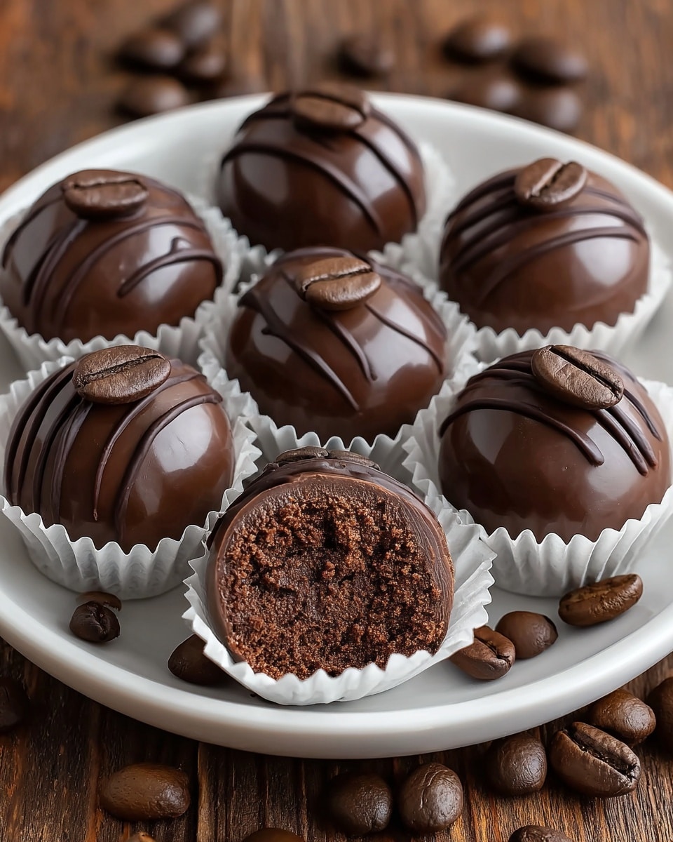 A white plate holds nine round chocolate truffles, each with a shiny, smooth dark chocolate outer layer. Each truffle sits in a white paper cup and is decorated with a few thin lines of darker chocolate on top, along with a single dark brown coffee bean placed neatly at the center of each one. The front truffle is cut in half, revealing a dense, rich, slightly crumbly chocolate filling inside. Coffee beans are scattered around the plate on a wooden surface. photo taken with an iphone --ar 4:5 --v 7