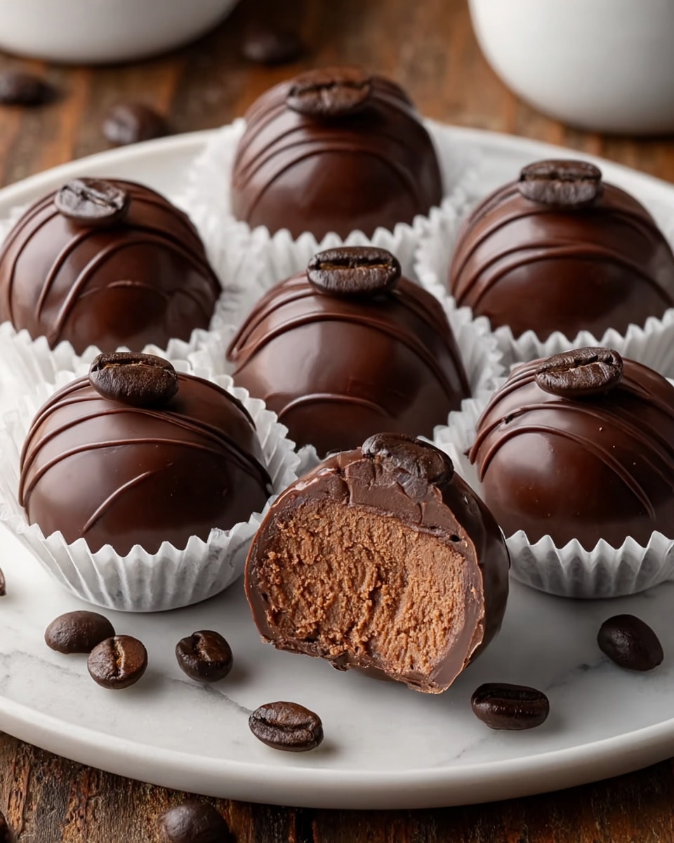 Seven round chocolate truffles sit on a white plate, each wrapped in white paper cups. The truffles are shiny and dark brown with smooth chocolate coating and thin darker chocolate drizzles on top. Each truffle is topped with one or two dark brown coffee beans. One truffle is bitten, showing a soft, creamy chocolate inside with a lighter brown color and a smooth texture. Coffee beans are scattered around the plate and on the wooden surface below, replaced by a white marbled texture. photo taken with an iphone --ar 4:5 --v 7