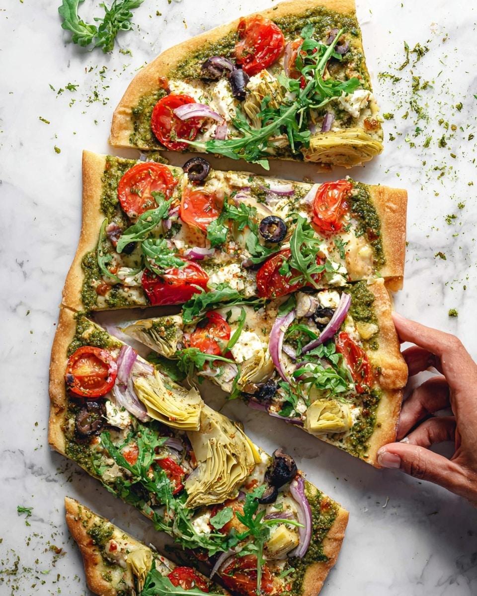 A thin pizza cut into six triangular slices is shown on a white marbled surface, with a woman’s hand reaching for one slice. The pizza has a golden brown crust and is topped with layers of green pesto sauce, bright red cherry tomato halves, white chunks of cheese, pale yellow artichoke hearts, purple onion slices, black olive pieces, and fresh green arugula leaves scattered on top. Small green herb flakes and crumbs are sprinkled around the pizza on the surface. Photo taken with an iphone --ar 4:5 --v 7
