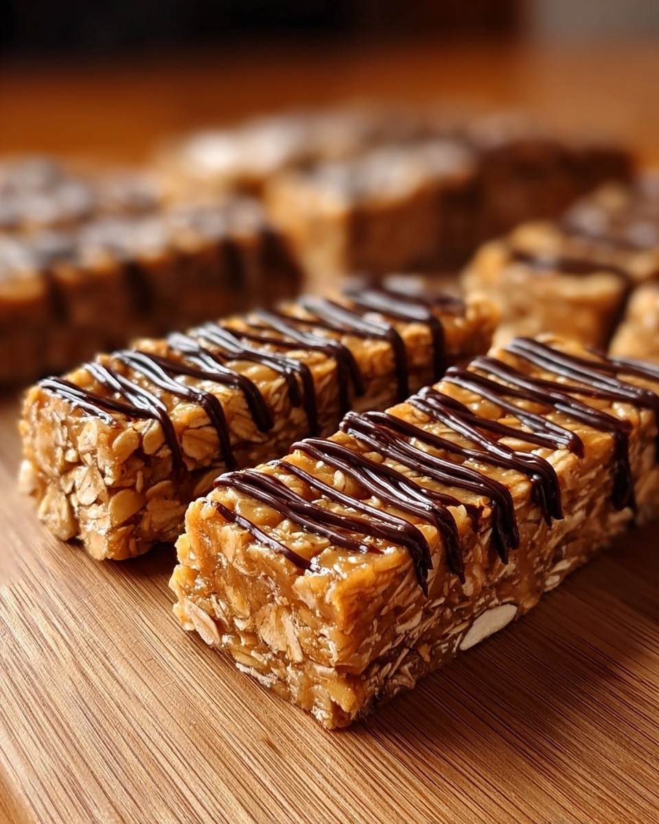 Two rows of rectangular granola bars with a golden brown color sit on a wooden surface. Each bar shows visible oats and nuts throughout its single thick layer, which looks chewy and dense. Thin dark chocolate lines are drizzled evenly across the top of each bar, adding a shiny contrast. The background is softly blurred with warm wooden tones, emphasizing the texture of the bars. photo taken with an iphone --ar 4:5 --v 7