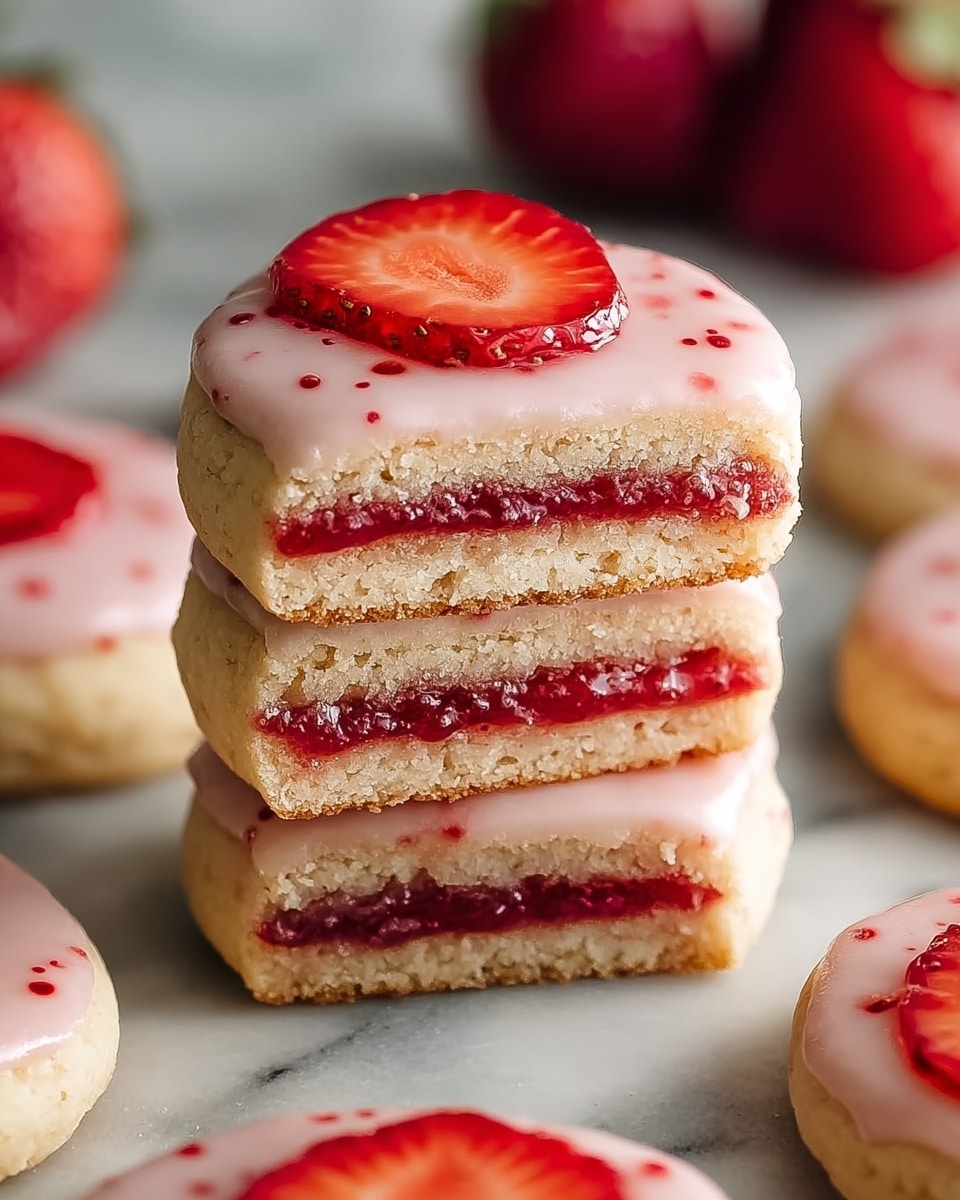 A close-up image of three stacked strawberry shortbread cookies, each cookie having two layers of light beige shortbread with a visible crumbly texture, separated by a thick layer of bright red strawberry jam. The top cookie is covered with a smooth pale pink icing that has small red specks and is decorated with two thin, shiny slices of fresh strawberry. Surrounding the stack on a white marbled surface are more similar shortbread cookies with the same pink icing and strawberry slices on top, with blurred fresh strawberries in the background. photo taken with an iphone --ar 4:5 --v 7