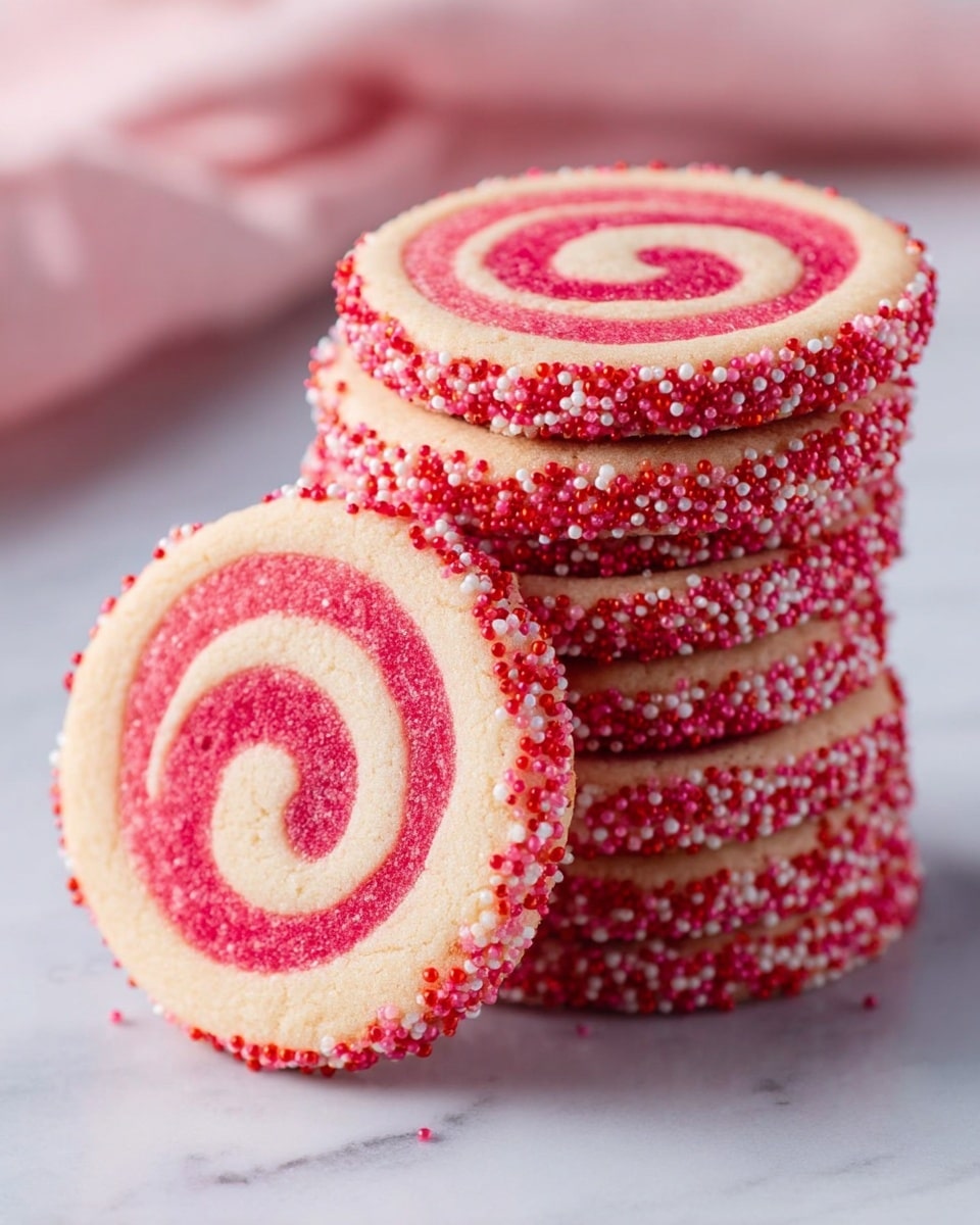 A tall stack of round swirl cookies is shown, each cookie having two visible layers: a pinkish-red spiral layer inside and a light cream outer layer. The edges of the cookies are covered with tiny pink, red, and white sugar beads that add texture and color contrast. One cookie is leaning against the stack, showing the clear swirl pattern. The cookies are placed on a white marbled surface with a soft pink fabric blurred in the background. photo taken with an iphone --ar 4:5 --v 7