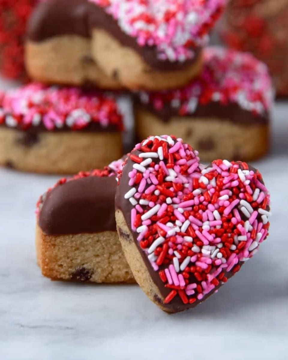 The image shows heart-shaped cookies made from a light brown dough with small dark chocolate chips inside. Each cookie is dipped halfway into a smooth dark chocolate coating, which covers one side completely. On top of the chocolate-dipped area, there are bright red and pink heart-shaped and stick sprinkles, giving a colorful and festive look. The cookies are set on a white marbled surface, stacked slightly in the background, with the main cookie in clear focus in the front. Photo taken with an iphone --ar 4:5 --v 7