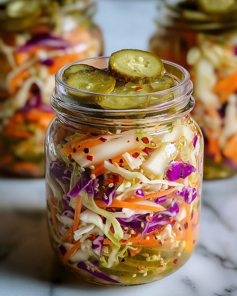 The image shows a clear glass jar filled with a colorful mix of pickled vegetables. The top layer consists of thin slices of green pickles with visible seeds and small black pepper flakes. Below the pickles, there are shredded pieces of white cabbage, orange carrots, and thin strands of purple cabbage, creating a vibrant mix of colors and textures. The vegetables are lightly coated in a shiny, slightly oily paste with small bits of herbs and chili flakes sprinkled throughout. In the blurred background, two more jars filled with the same pickled mixture are visible, all placed on a white marbled surface. Photo taken with an iphone --ar 4:5 --v 7