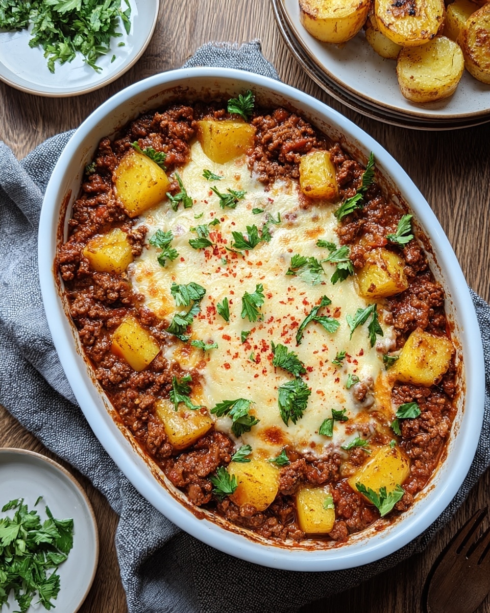 A white oval baking dish filled with a layered baked casserole, starting with a bottom layer of cooked ground meat mixed with a rich red-brown sauce and large chunks of soft yellow potatoes arranged around the edges and mixed in. On top is a thick layer of melted white cheese, slightly browned and bubbly, sprinkled with green fresh parsley leaves and a light dusting of red paprika. The dish sits on a wooden surface with a gray cloth underneath on one side, and there are parts of two white plates visible, one with green herbs and the other with golden roasted potatoes. photo taken with an iphone --ar 4:5 --v 7