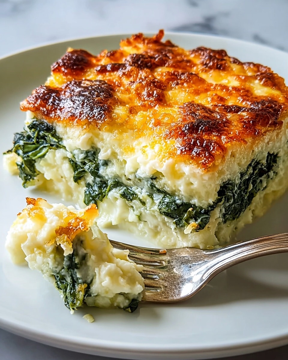 A thick square slice of spinach and cheese casserole sits on a white plate, showing two main layers: a dense, creamy white base with visible spinach leaves in dark green forming the middle layer, and a top layer of golden brown, crisp, and bubbly baked cheese crust with darker browned spots. At the front, a fork holds a bite-sized piece revealing the creamy, soft texture inside, contrasting with the crunchy top. The background features a white marbled surface. Photo taken with an iphone --ar 4:5 --v 7