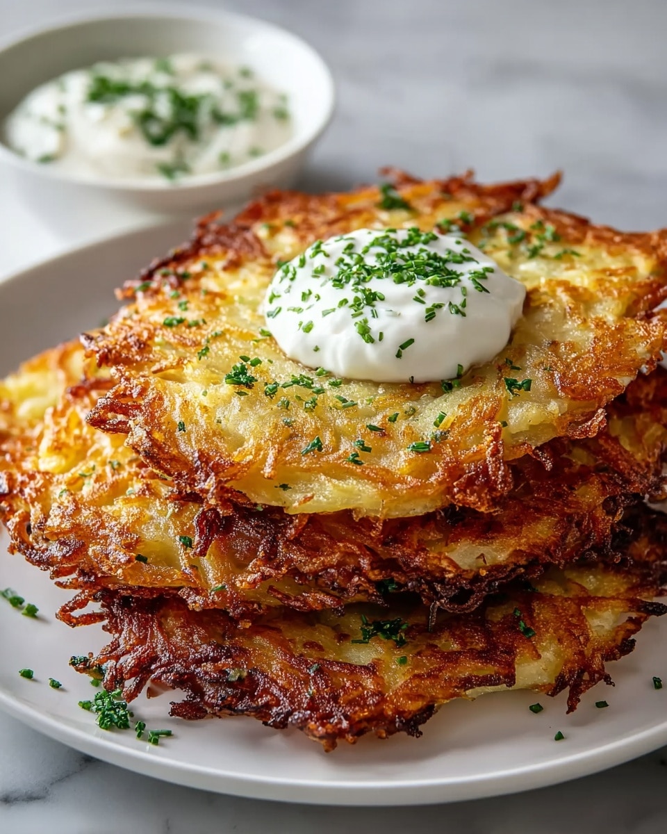 A white plate holds a stack of four golden-brown potato pancakes with crispy, uneven edges and a textured, shredded potato surface. The pancakes have a slight shine from frying and are garnished with finely chopped green herbs scattered on top. On the top pancake, there is a round dollop of white sour cream sprinkled with green herbs. In the background, a white bowl filled with more sour cream and green herbs is partially visible. All this is set on a white marbled surface. photo taken with an iphone --ar 4:5 --v 7