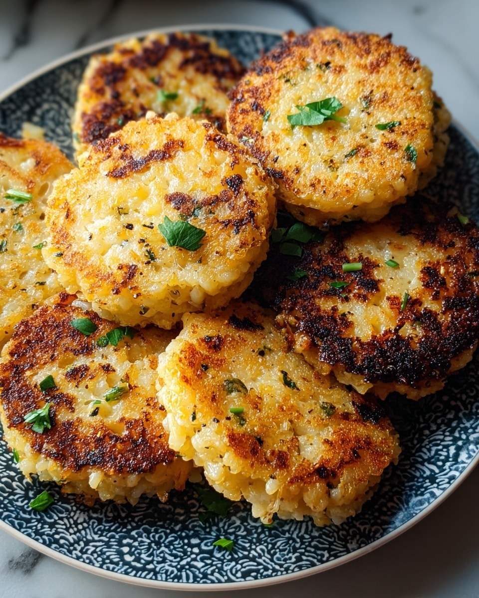 The image shows a close-up of six crispy golden brown rice fritters arranged on a white plate with a dark blue pattern. Each fritter is round and about half an inch thick, with a crunchy browned surface featuring small bits of rice and herbs visible. The fritters have a mix of light yellow and deeper brown spots from frying, and small green herb pieces are sprinkled on top and around them on the plate. The background is a white marbled texture. Photo taken with an iphone --ar 4:5 --v 7