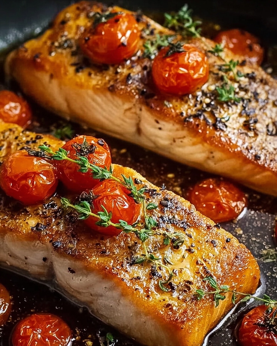 Two pieces of cooked salmon fillets lie close to each other in a shallow layer of dark sauce inside a pan. Each fillet has a golden-brown crust with visible seasoning of black pepper and herbs. On top of both fillets, there are several small, glossy roasted cherry tomatoes and sprigs of fresh green thyme placed as garnish. The salmon flesh underneath the crust is pale pink with a moist texture. The overall image has a close-up focus highlighting the juicy and crispy details. photo taken with an iphone --ar 4:5 --v 7