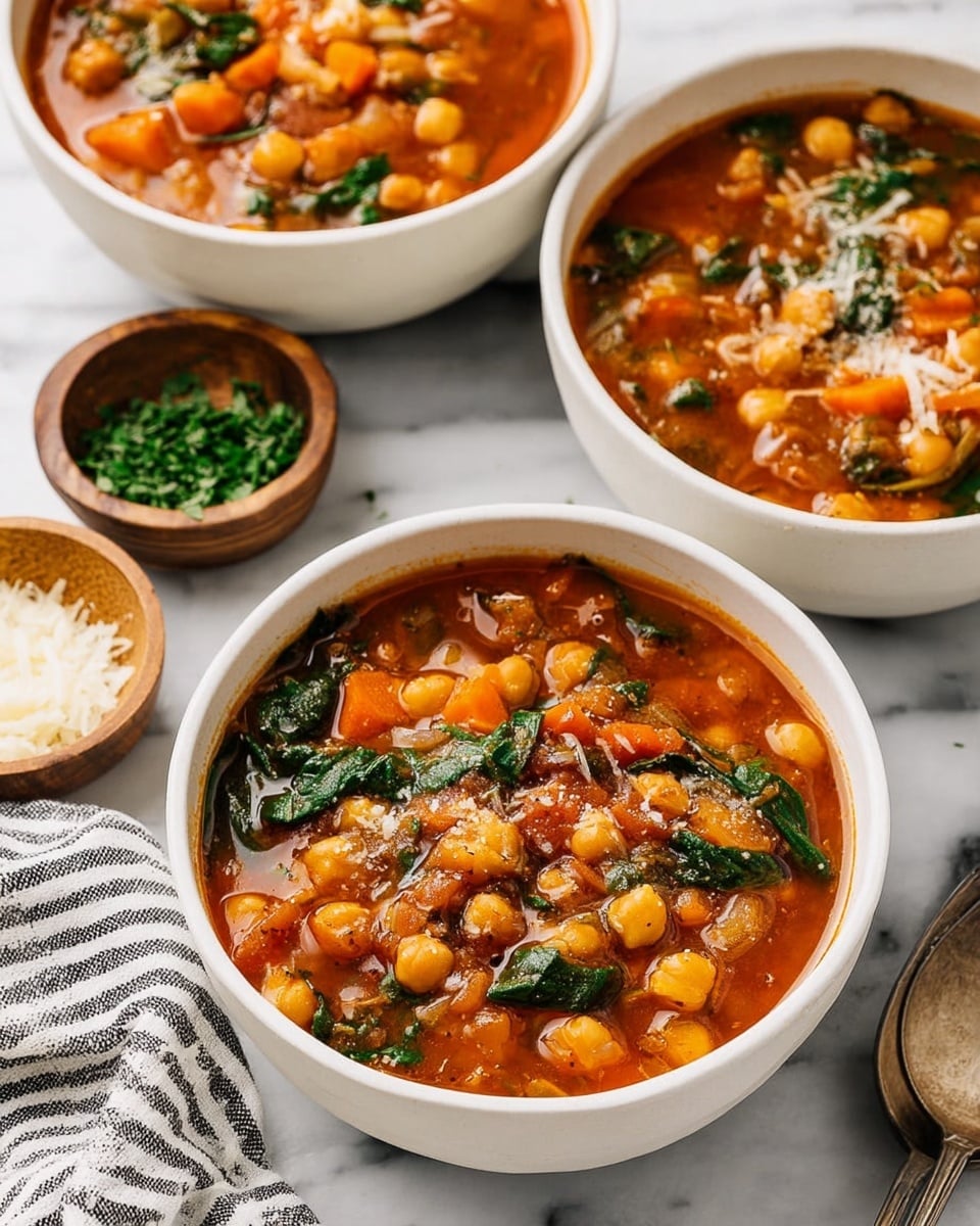 A close-up view of three white bowls filled with thick vegetable soup, showing a rich reddish-orange broth layered with chickpeas, chopped onions, diced carrots, green spinach leaves, and small herbs, with a mix of smooth and chunky textures. The bowls sit on a white marbled surface, accompanied by a small wooden bowl of chopped green herbs and a wooden bowl with grated cheese and a spoon. A striped white and black cloth is visible near the bowls, adding a soft texture to the scene. Photo taken with an iphone --ar 4:5 --v 7