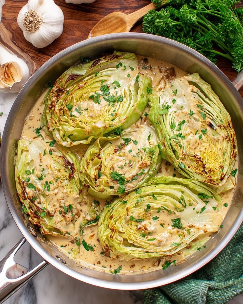 The image shows a silver pan filled with four large wedges of cooked cabbage, each wedge made of several layers of light green to pale yellow leaves with some charred edges. The cabbage wedges are covered with a creamy, light brown sauce that has visible bits of chopped herbs and spices. The sauce pools at the bottom, filling the spaces between the cabbage pieces. Fresh chopped green herbs are sprinkled on top, adding a bright contrast to the creamy sauce. The pan sits on a white marbled surface with some fresh garlic bulbs, parsley, a wooden spatula, and a green cloth nearby. photo taken with an iphone --ar 4:5 --v 7