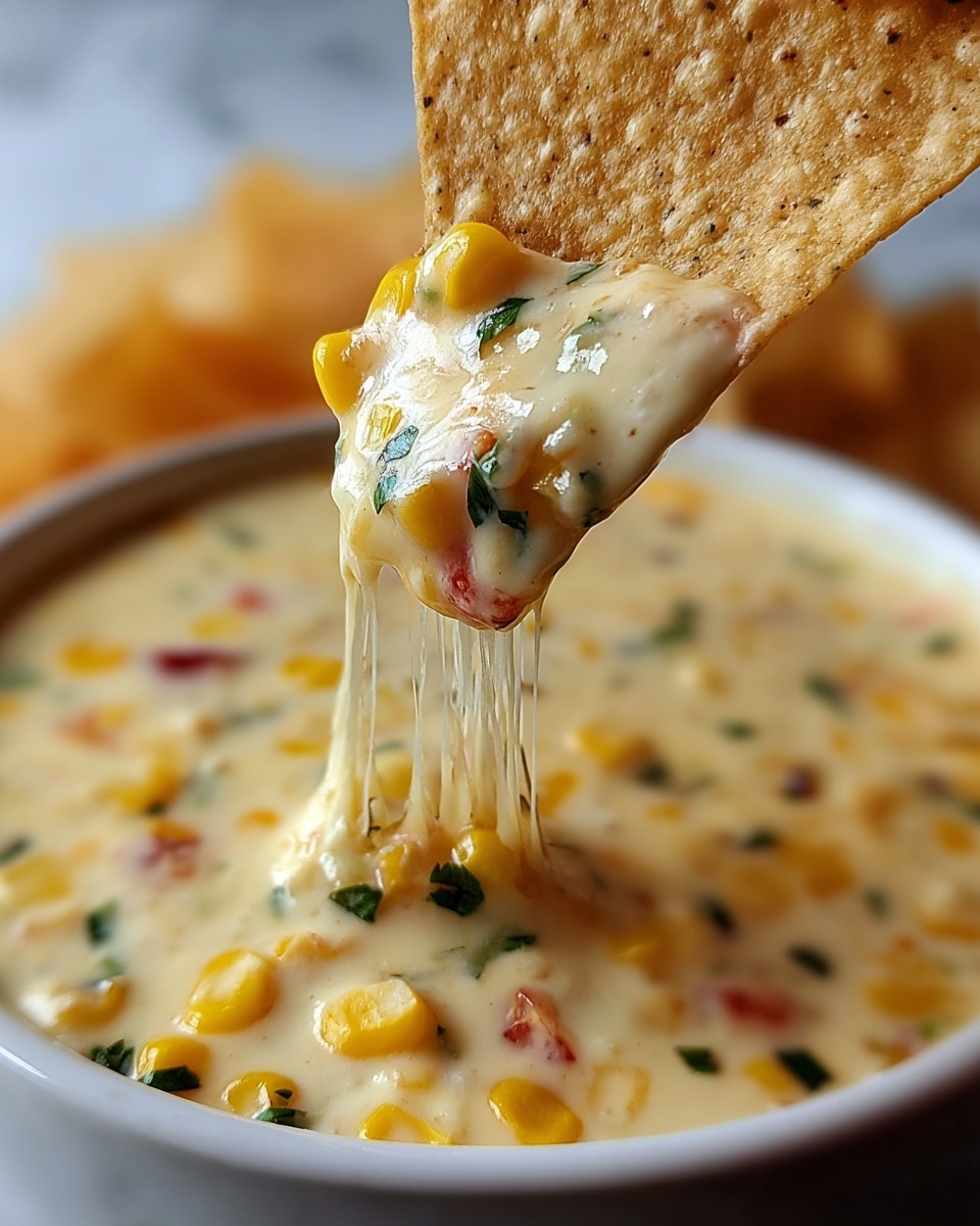 A close-up showing a white tortilla chip dipped in thick creamy cheese dip filled with bright yellow corn kernels, small green herb pieces, and bits of red, with melted cheese strings stretching from the white bowl below. The bowl is filled with the same creamy dip and sits on a white marbled surface. photo taken with an iphone --ar 4:5 --v 7