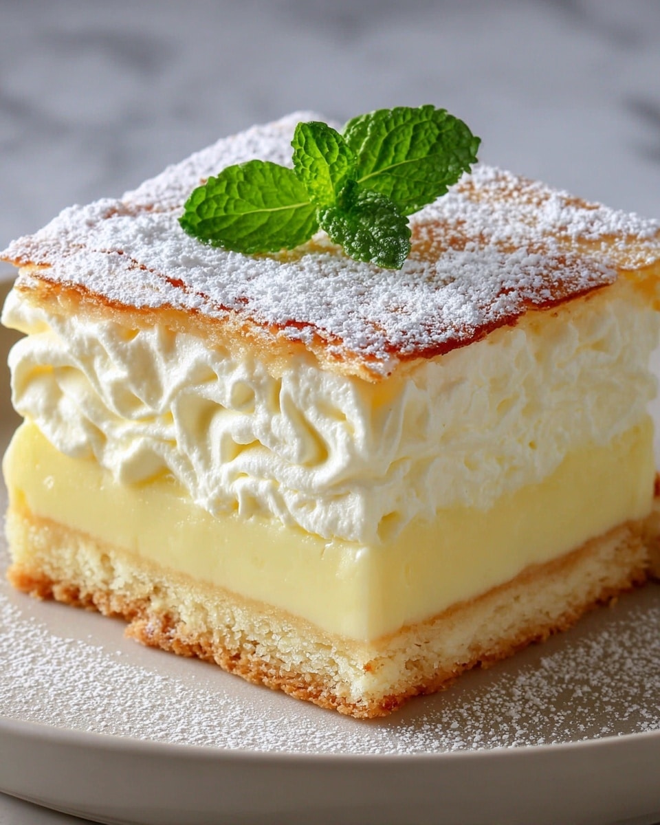 A square piece of layered dessert sits on a white plate with a delicate ornate edge, placed on a white marbled surface. The dessert has four visible layers: the bottom layer is a light brown, crumbly crust; above it is a thick, smooth, creamy pale yellow custard layer; the third layer is a light, soft, and fluffy cream with a slightly ruffled texture; and the top layer is a thin, golden-brown baked pastry dusted generously with powdered sugar. A small sprig of fresh green mint decorates the top center, adding a touch of color. Photo taken with an iphone --ar 4:5 --v 7