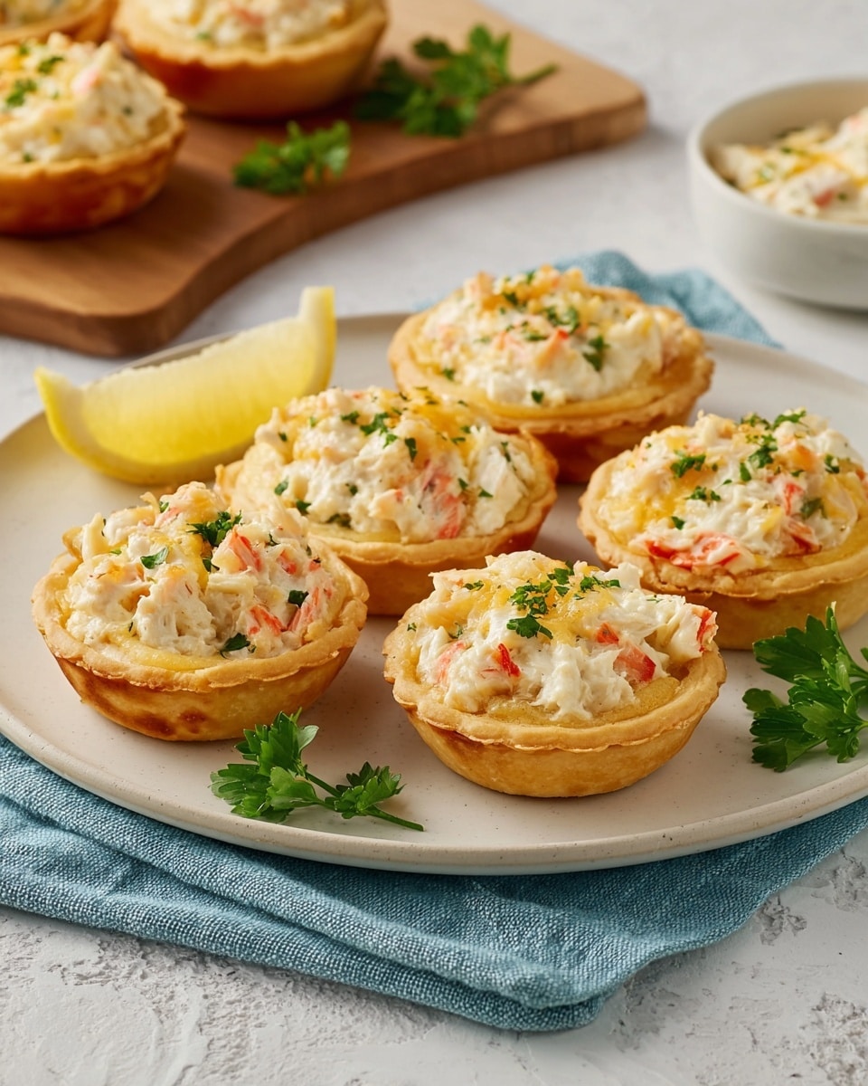 A white plate on a white marbled textured surface holds six golden-brown mini tart shells filled with a creamy white mixture that has visible pieces of pink crab meat. The filling has a melted light yellow cheese layer on top. Small green parsley leaves are sprinkled over the tarts and plate for garnish. A lemon wedge and some parsley sprigs sit on the side of the plate, which rests on a light blue cloth. In the background, there is a wooden board with more tarts and a white bowl. Photo taken with an iphone --ar 4:5 --v 7