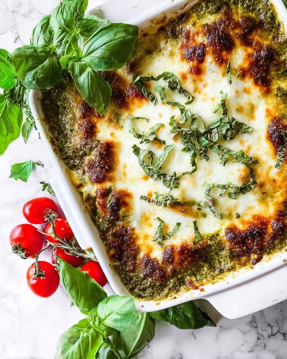 A white square baking dish holds a baked dish with three visible layers: a browned, bubbly cheese layer on top that is golden with dark toasted spots, underneath a green pesto sauce layer with a coarse texture spread unevenly around the edges, and beneath that a softer white cheese layer peeks through in spots. Fresh, bright green basil leaves are scattered on top, adding color contrast. Around the dish, there are fresh green basil leaves and bright red cherry tomatoes with green stems, all placed on a white marbled surface texture. photo taken with an iphone --ar 4:5 --v 7