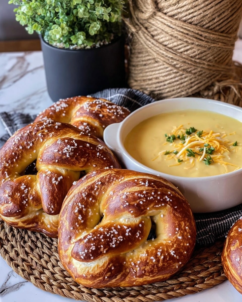 The image shows three soft pretzels with a golden-brown crust and coarse salt sprinkled on top, arranged on a round woven mat. Next to the pretzels is a white bowl filled with creamy yellow cheese sauce, topped with some shredded cheese and small green herbs for garnish. A black pot with a green plant and a large roll of twine sit in the background on a white marbled surface. photo taken with an iphone --ar 4:5 --v 7