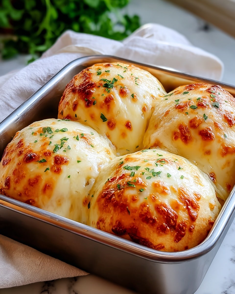 The image shows four round baked rolls in a shiny metal baking tray, each roll topped with a thick layer of melted cheese that is golden brown and slightly bubbly in spots. The cheese has a smooth, creamy texture with light browning patches, and the rolls are sprinkled with finely chopped green herbs, adding a touch of fresh color. The rolls fill the tray closely, with their soft, smooth surfaces just peeking beneath the cheesy topping. The tray is placed on a white marbled surface with a white cloth nearby and some green plants blurred in the background. photo taken with an iphone --ar 4:5 --v 7