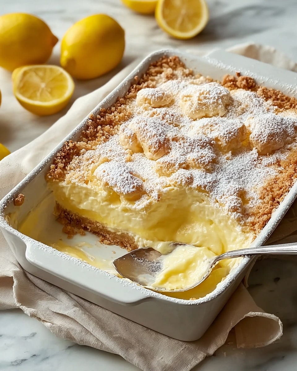 The image shows a rectangular white baking dish filled with a lemon dessert. The dessert has three visible layers: a crumbly golden-brown crust at the bottom that lines the dish, a thick creamy pale yellow filling in the middle, and a top layer of uneven, golden baked mounds dusted with white powdered sugar. A silver spoon rests inside the dish near the front edge, with some of the dessert scooped out revealing the filling and crust layers clearly. The dish is placed on a beige cloth over a white marbled surface. Three fresh bright yellow lemons, one whole and one cut in half, are in the background. Photo taken with an iphone --ar 4:5 --v 7