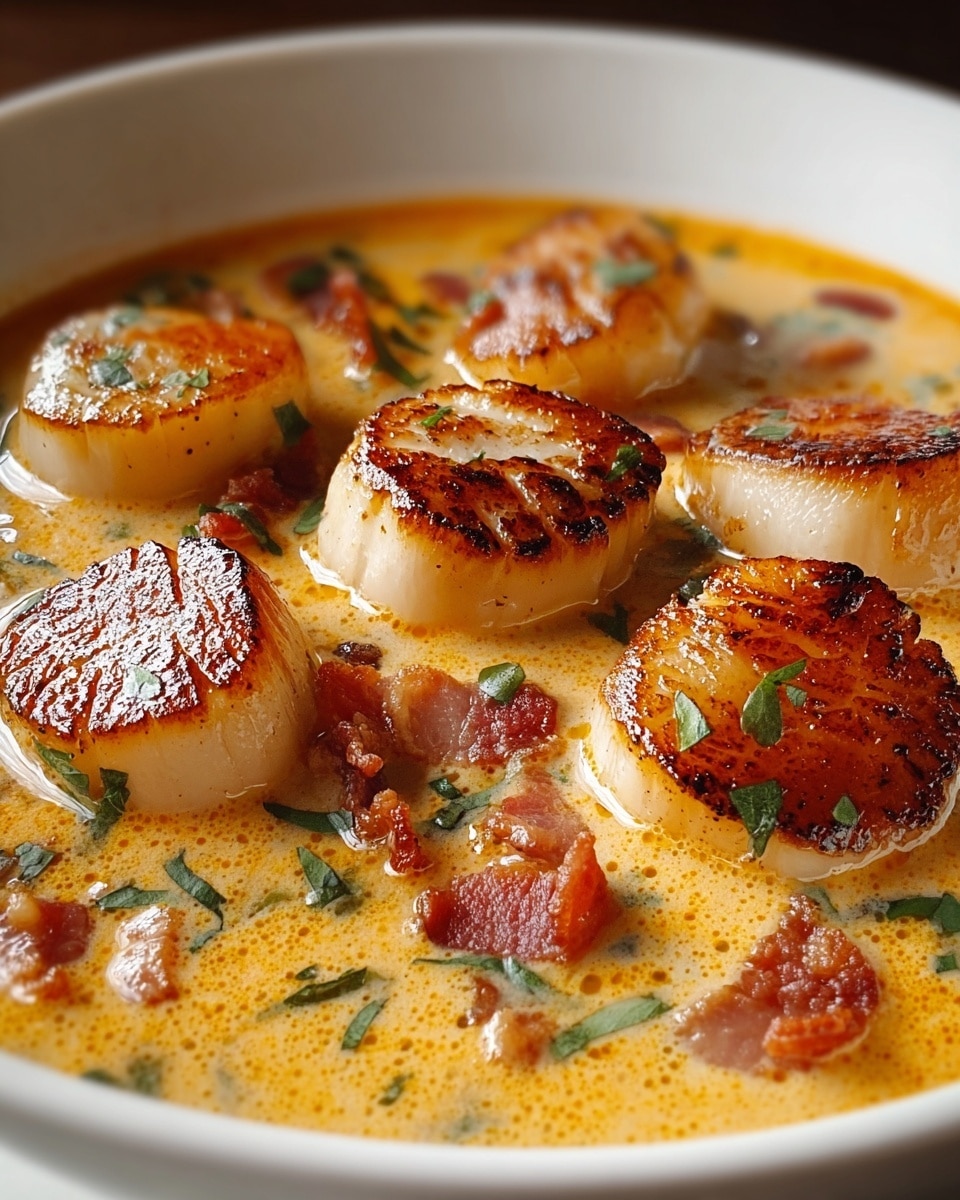 The image shows a white bowl filled with a creamy, light orange soup. On top, there are multiple golden-brown seared scallops with a slightly crispy edge, each sitting on the surface of the soup. The soup also contains small pieces of crispy, reddish-brown bacon and sprinkled chopped green herbs, adding contrast to the creamy base. The soup looks rich with a smooth texture, and the scallops have a firm, juicy appearance. photo taken with an iphone --ar 4:5 --v 7