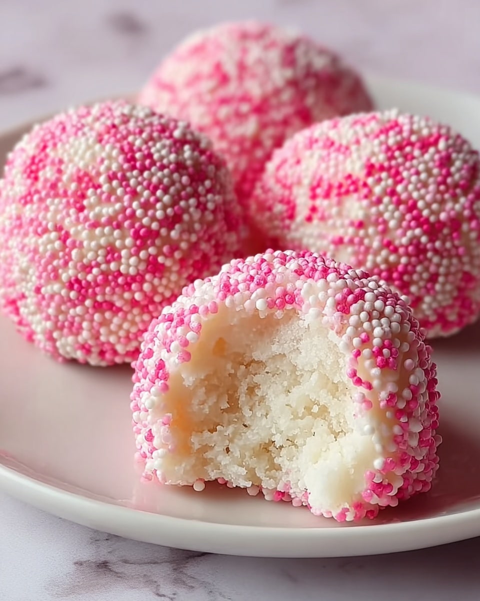 The image shows three round, bite-sized sweets placed on a white plate with a white marbled surface below. Each sweet is fully covered with tiny white and pink round sprinkles on the outside, creating a textured surface. One sweet is partially bitten, revealing a fluffy, soft, white inside with a slightly crumbly texture. The overall color contrast between the pink and white sprinkles and the white filling makes the sweets look light and delicate. photo taken with an iphone --ar 4:5 --v 7
