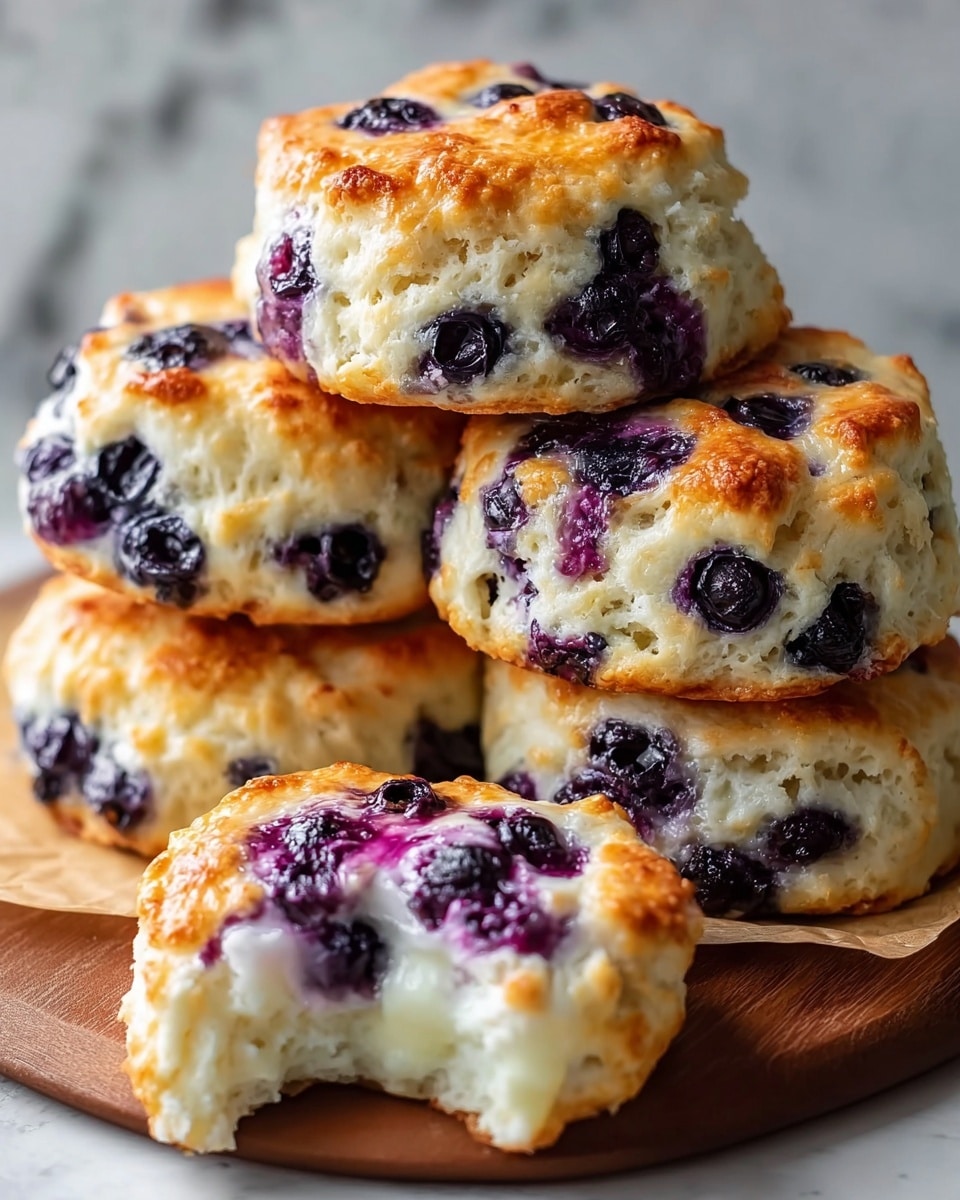 The image shows a close-up of five blueberry scones stacked on top of each other, placed on a wooden board with brown parchment paper. Each scone has a rough texture with a golden-brown crust on top, dotted with dark purple blueberries that are slightly sunken into the white interior dough. The blueberries create purple spots and soft juice stains around them. The scone in the foreground has a bite taken out, exposing the fluffy, moist, and chewy white inside contrasted by the vibrant blueberries embedded throughout. The wooden board and parchment paper rest on a white marbled surface. Photo taken with an iphone --ar 4:5 --v 7