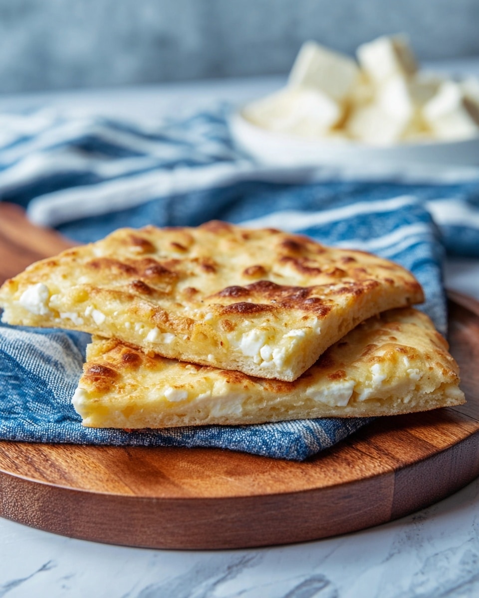 The image shows two rectangular slices of flatbread stacked on a round wooden board, with a crispy golden-brown top layer that has small browned spots and a slightly puffy texture. The middle layer appears soft and light yellow with visible white cheese chunks melted into the surface. The flatbread rests on a blue cloth with white stripes, against a white marbled background. In the blurred back, there are white cheese pieces and a white plate partially visible. Photo taken with an iphone --ar 4:5 --v 7