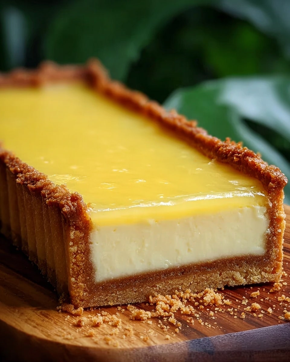 A rectangular tart with three visible layers sits on a wooden board. The bottom layer is a thick, crumbly golden-brown crust. Above it is a pale yellow creamy layer, smooth and firm. The top layer is a shiny, bright yellow glaze that appears slightly glossy and smooth, covering the entire surface evenly. The edges of the tart show a crumbly texture with a crisp look. Behind the tart, there is blurred greenery. The scene is on a white marbled textured surface. photo taken with an iphone --ar 4:5 --v 7