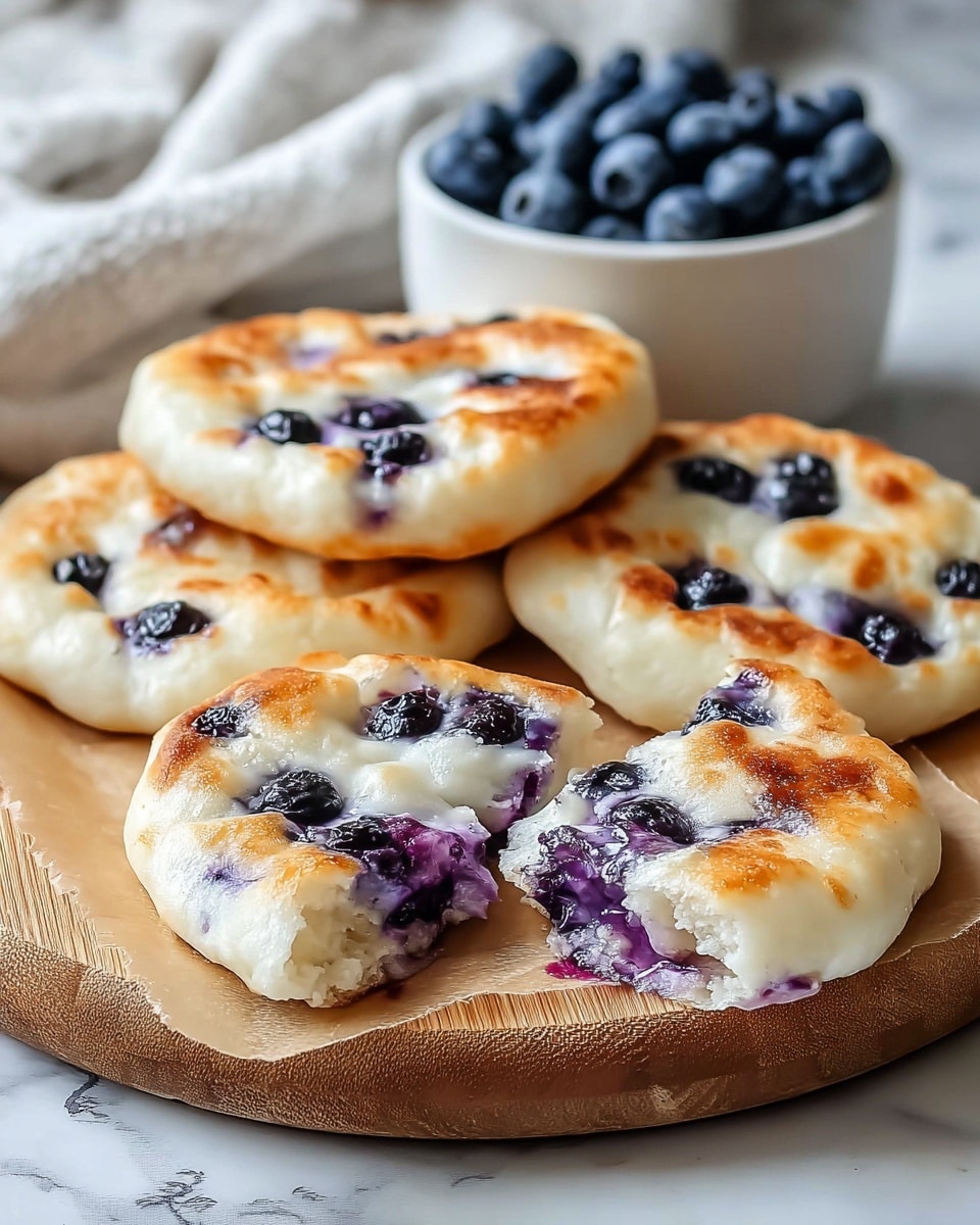 Four small round flatbreads are shown on a round wooden board with parchment paper. Each flatbread has a golden brown top layer with soft, fluffy white dough underneath. The flatbreads are dotted with several dark blue, shiny blueberries, some of which have burst, leaking purple juice into the dough. The flatbread in front is torn open, showing its soft and airy inside with embedded blueberries. In the background, there is a white bowl filled with fresh blueberries and a white cloth, all set on a white marbled surface. Photo taken with an iphone --ar 4:5 --v 7