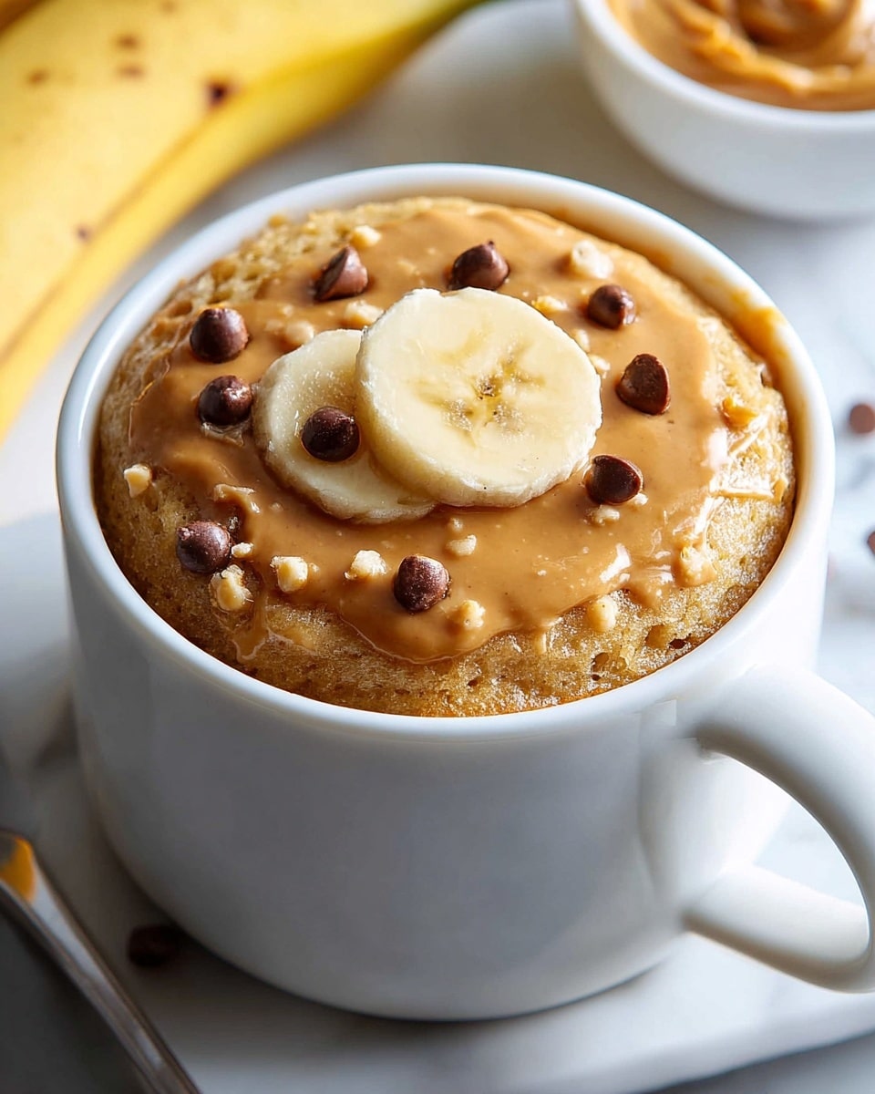 A white mug filled with a fluffy, light brown baked cake layer that rises just above the rim, topped with a smooth, slightly glossy layer of light brown peanut butter sauce with visible tiny dark specks and round peanut butter chips scattered over it, finishing with a single round slice of banana placed at the center on top. In the background, part of a ripe yellow banana and a white bowl with peanut butter can be seen on a white marbled surface. photo taken with an iphone --ar 4:5 --v 7